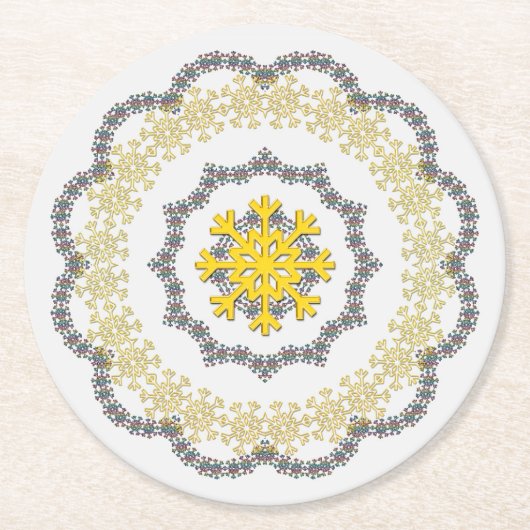 Snowflake Circle Holiday Gold RedGreen Silver Lace Ronde Kartonnen Onderzetter (Voorkant)