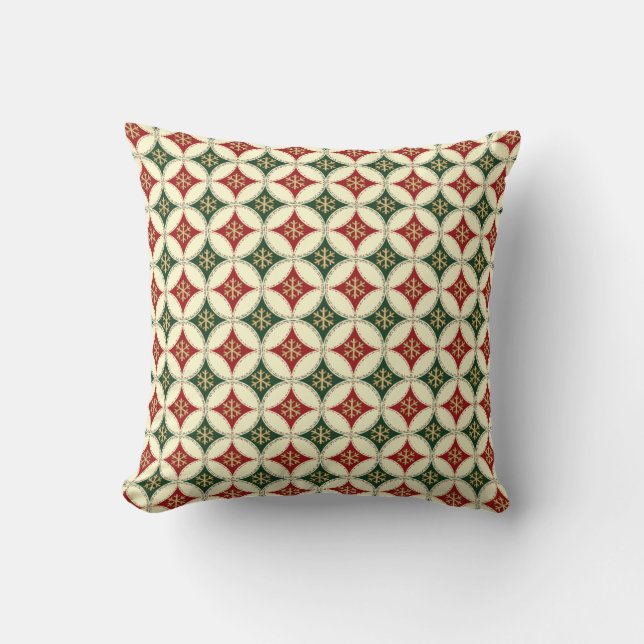 Snowflake Circles-3-Red-Cream-Green-Sq Pillow Kussen (Voorkant)