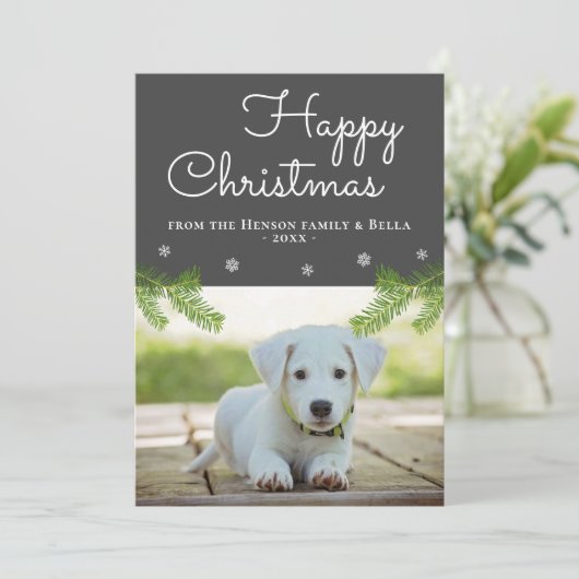 Snowflake Dog Foto van Cute Kerstpine Branches Kaart (Staand voorkant)