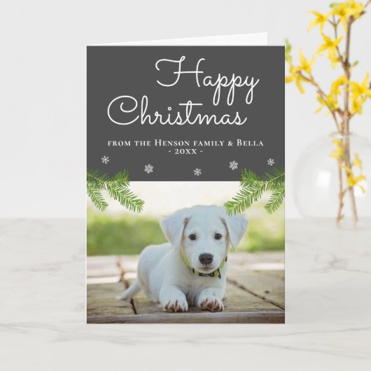 Snowflake Dog Foto van Cute Kerstpine Branches Kaart (Gele Bloem)