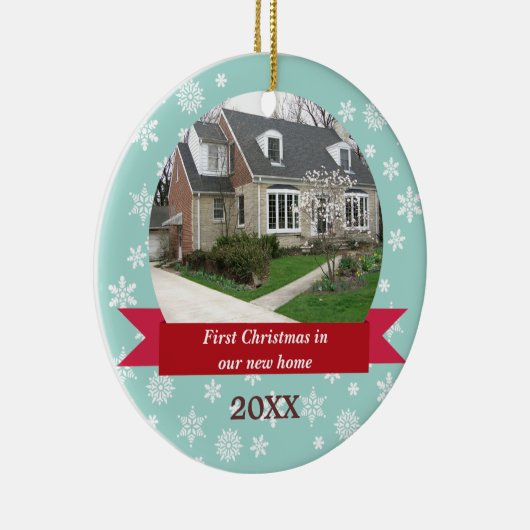 Snowflake drijfmest rode banner blauwgroen aangepa keramisch ornament (Rechts)