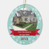 Snowflake drijfmest rode banner blauwgroen aangepa keramisch ornament (Links)