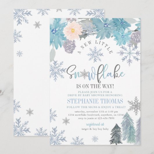 Snowflake drive by Baby shower Invitation Boy Kaart (Voorkant / Achterkant)
