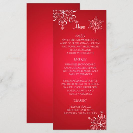 Snowflake Elegance Wedding Menu Red (Voorkant / Achterkant)