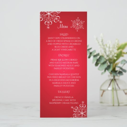 Snowflake Elegance Wedding Menu Red (Staand voorkant)