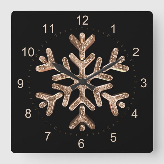 Snowflake Elegant Black en Gold Kerstmis Vierkante Klok (Voorkant)