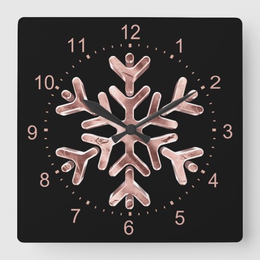 Snowflake Elegant Black en Roos Gold Kerstmis Vierkante Klok (Voorkant)