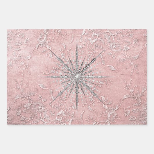 Snowflake en florroze zilverelegant inpakpapier vel (Voorkant 3)