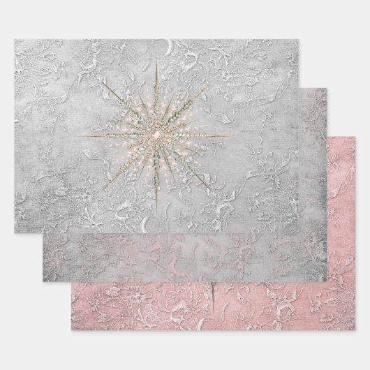 Snowflake en florroze zilverelegant inpakpapier vel (Set)