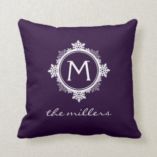 Snowflake Family Monogram in Donker Paars & Wit Kussen