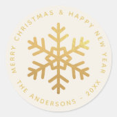 Snowflake Faux Gold Merry Christmas Happy New Year Ronde Sticker (Voorkant)