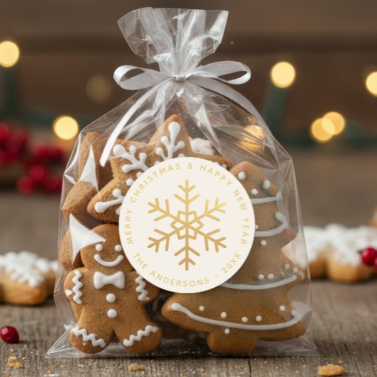 Snowflake Faux Gold Merry Christmas Happy New Year Ronde Sticker