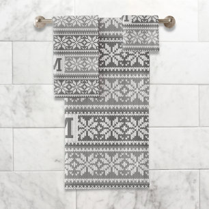 Snowflake Faux Knit Sweater Pattern Monogram Grey Bad Handdoek
