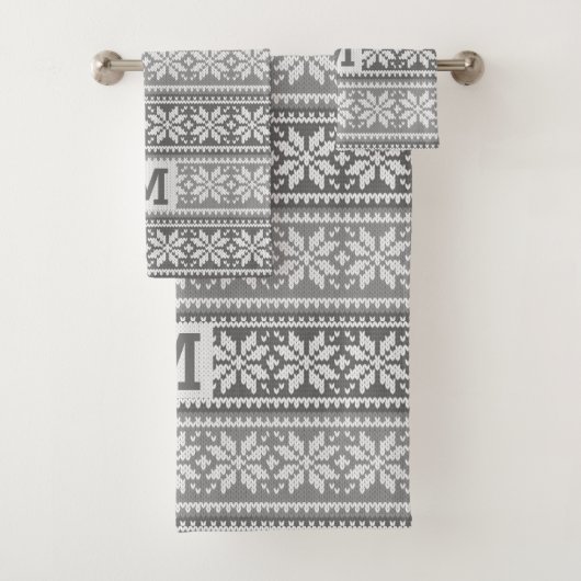 Snowflake Faux Knit Sweater Pattern Monogram Grey Bad Handdoek (Insitu)