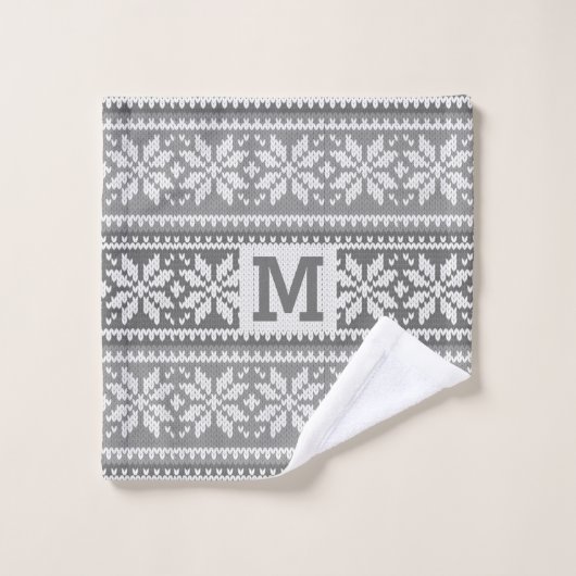 Snowflake Faux Knit Sweater Pattern Monogram Grey Bad Handdoek (Wasdoekje)