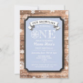 Snowflake First Birthday Blue Wood Winter Invite Kaart (Voorkant)