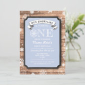 Snowflake First Birthday Blue Wood Winter Invite Kaart (Staand voorkant)
