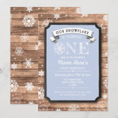 Snowflake First Birthday Blue Wood Winter Invite Kaart (Voorkant / Achterkant)