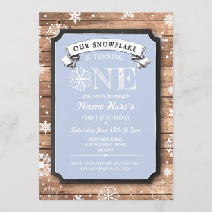 Snowflake First Birthday Blue Wood Winter Invite Kaart