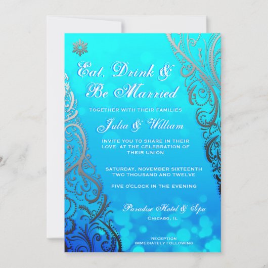 Snowflake Flourishes & Bokeh Winter Wedding Invite Kaart (Voorkant)