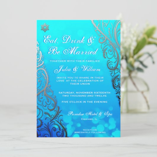 Snowflake Flourishes & Bokeh Winter Wedding Invite Kaart (Staand voorkant)