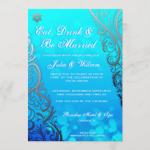Snowflake Flourishes & Bokeh Winter Wedding Invite Kaart