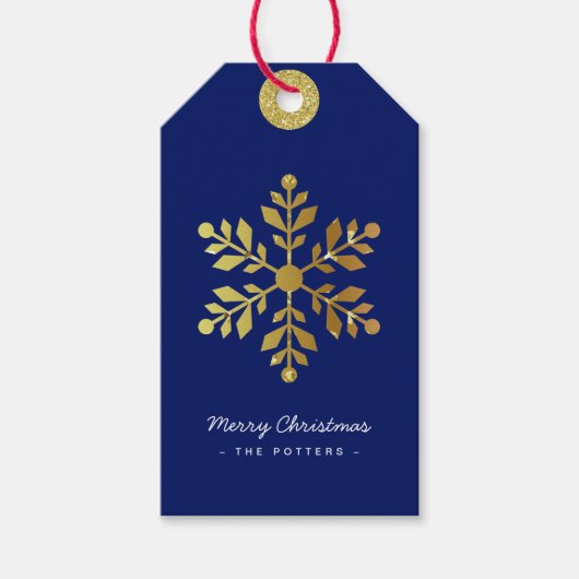 Snowflake | Fun Christmas Blue & Gold Cadeaulabel (Voorkant)