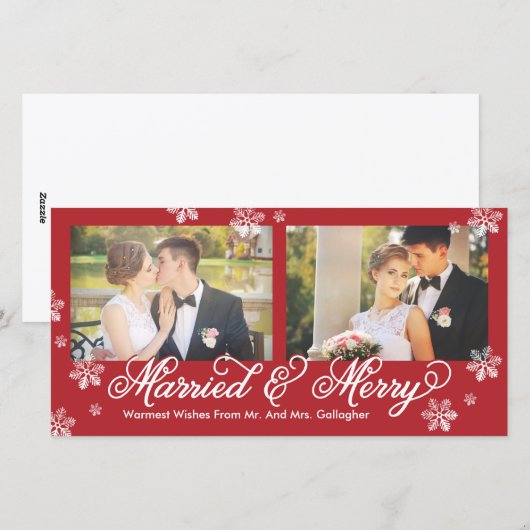 Snowflake Getrouwd en vrolijk 2-Foto Vakantie Kaar Feestdagenkaart (Voorkant / Achterkant)