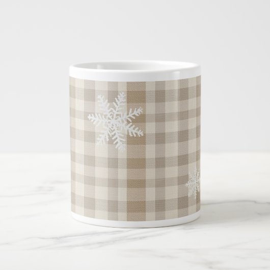 Snowflake Gingham Plaid Mug – Beige & Taupe Rustic Grote Koffiekop (Voorkant)