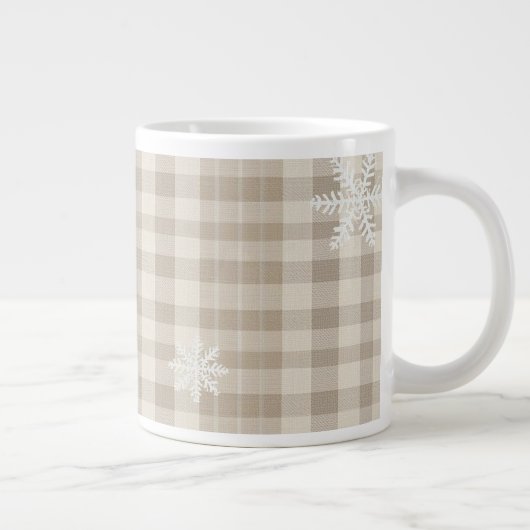 Snowflake Gingham Plaid Mug – Beige & Taupe Rustic Grote Koffiekop (Rechts)