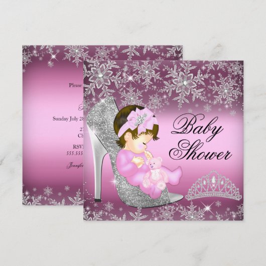 Snowflake Glitter Shoe Girl Baby shower Uitnodigin Kaart (Voorkant / Achterkant)