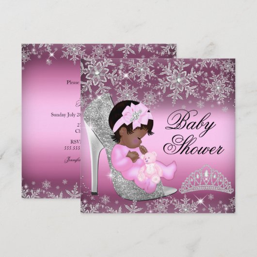 Snowflake Glitter Shoe Pink Baby shower Uitnodigen Kaart (Voorkant / Achterkant)