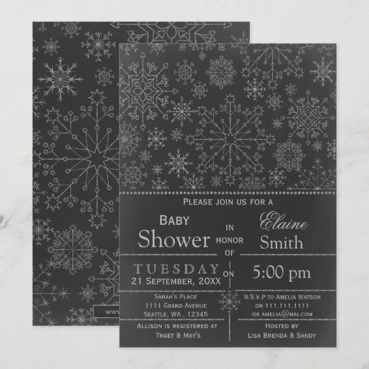 Snowflake glitter Silver Winter Baby shower Invite Kaart (Voorkant / Achterkant)