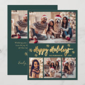 Snowflake Green and Gold 5 Photo Collage Happy  Feestdagenkaart (Voorkant / Achterkant)