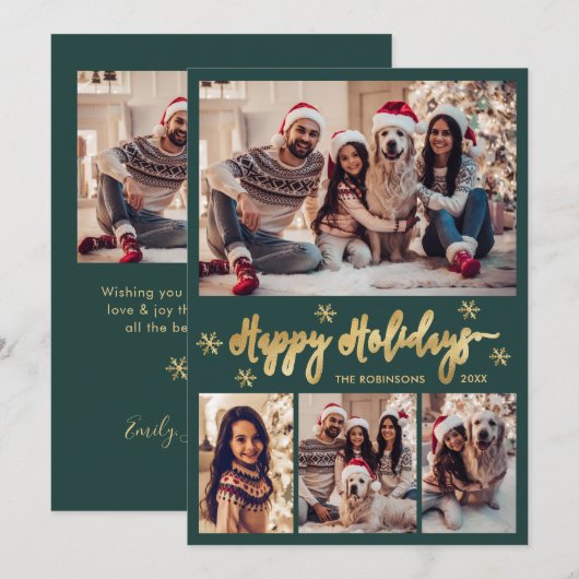 Snowflake Green and Gold 5 Photo Collage Happy  Feestdagenkaart (Voorkant / Achterkant)