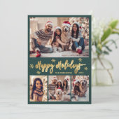 Snowflake Green and Gold 5 Photo Collage Happy  Feestdagenkaart (Staand voorkant)