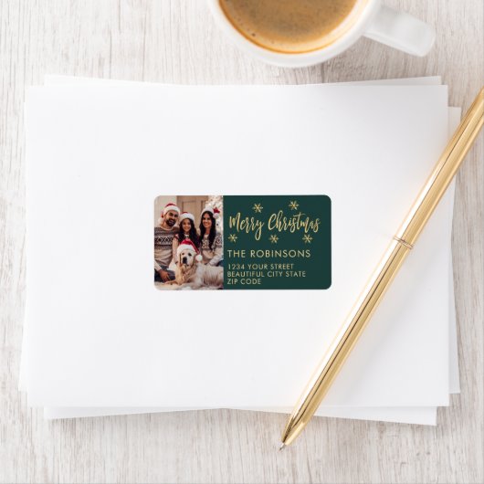 Snowflake Green Foto Kerst Retouradres Etiket (Insitu)