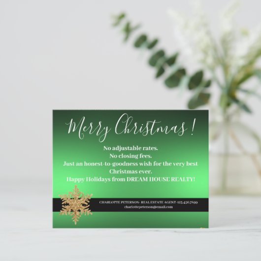 Snowflake Green Kerstmis Real Estate Farage Feestdagenkaart (Staand voorkant)