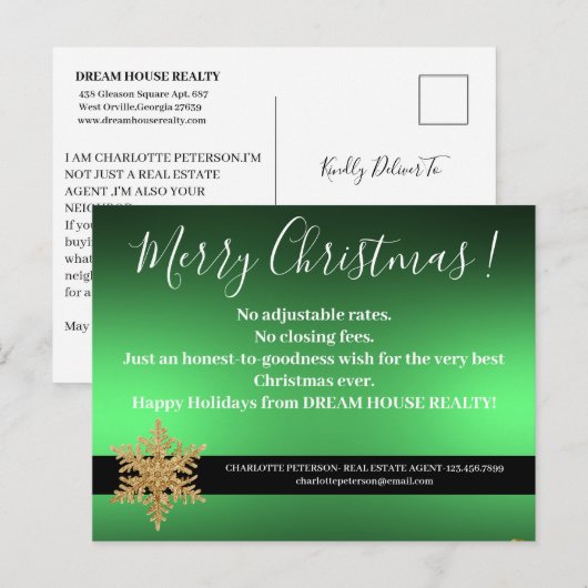 Snowflake Green Kerstmis Real Estate Farage Feestdagenkaart (Voorkant / Achterkant)