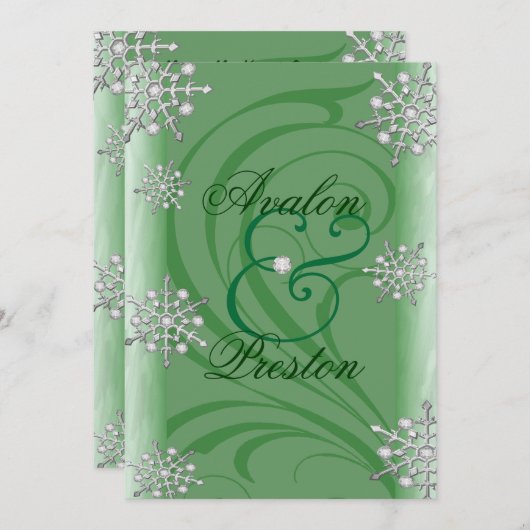 Snowflake Green Winter Wedding Kaart (Voorkant / Achterkant)