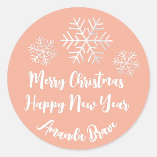 Snowflake Grey Peach Ronde Sticker (Voorkant)