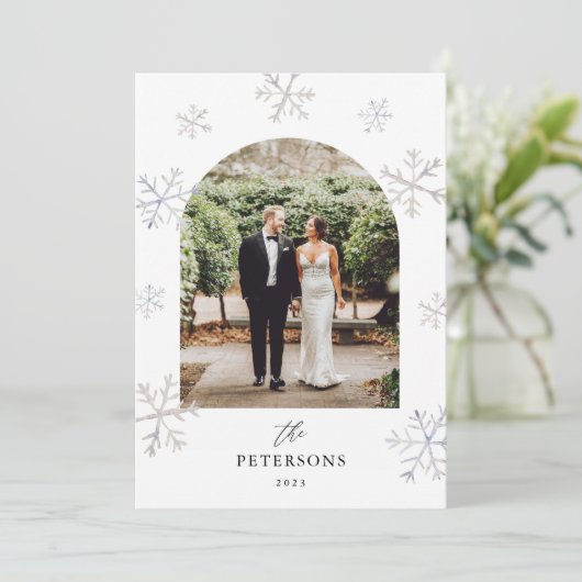 Snowflake Holiday Passen getrouwd in aantocht Foto Feestdagenkaart (Staand voorkant)