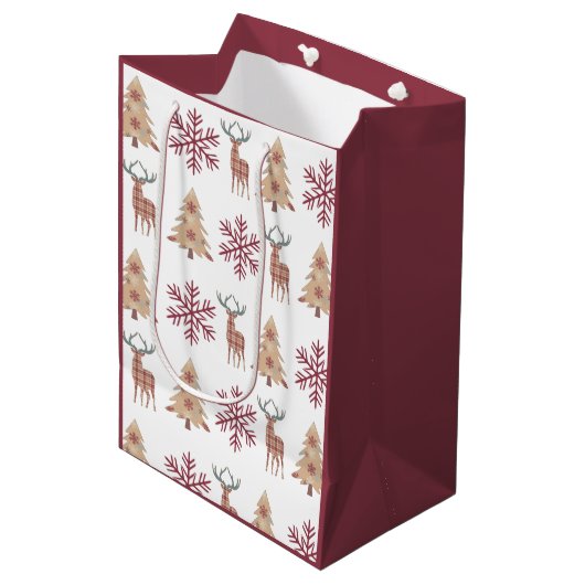 Snowflake Holiday Tree Deer Pattern on White Medium Cadeauzakje (Voorkant Gekanteld)
