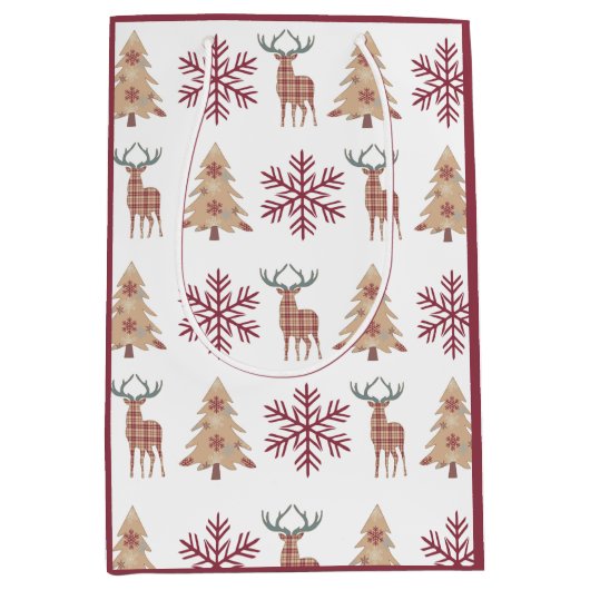 Snowflake Holiday Tree Deer Pattern on White Medium Cadeauzakje (Voorkant)