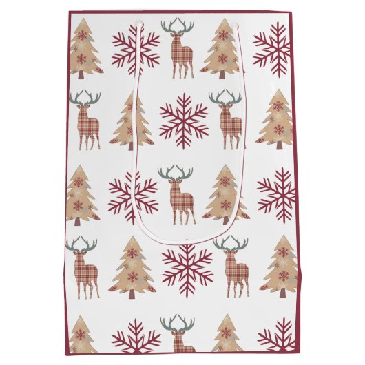 Snowflake Holiday Tree Deer Pattern on White Medium Cadeauzakje (Achterkant)