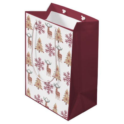 Snowflake Holiday Tree Deer Pattern on White Medium Cadeauzakje (Achterkant Gekanteld)