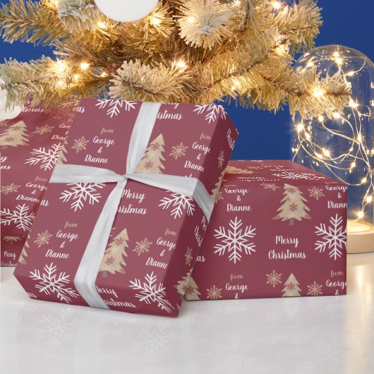 Snowflake Holiday Tree Pattern op Maroon Cadeaupapier (Feestdagen)