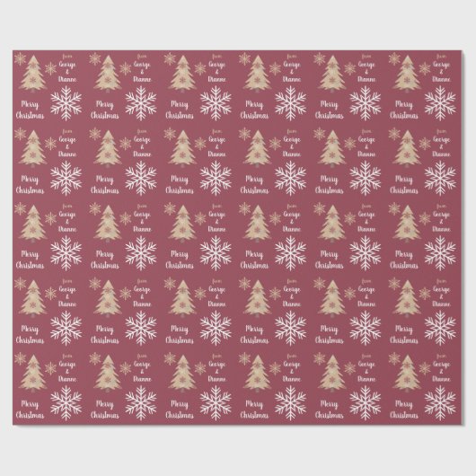 Snowflake Holiday Tree Pattern op Maroon Cadeaupapier (Vlak)