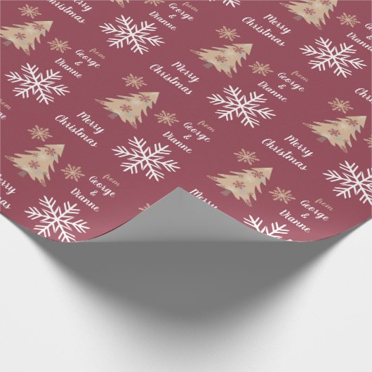 Snowflake Holiday Tree Pattern op Maroon Cadeaupapier (Hoek)