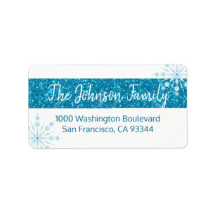 SNOWFLAKE Holiday Xmas Blue Glitter Return Address Etiket